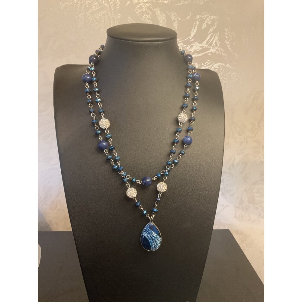 Blue Beaded Necklace With Teardrop Pendant & Adjustable Silver Tone Chain